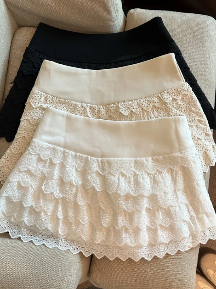 

Юбка А-силуэта с высокой талией, женская летняя модная юбка с кружевной отделкой, многослойный дизайн, предотвращающий просвечивание, короткая юбка в корейском стиле