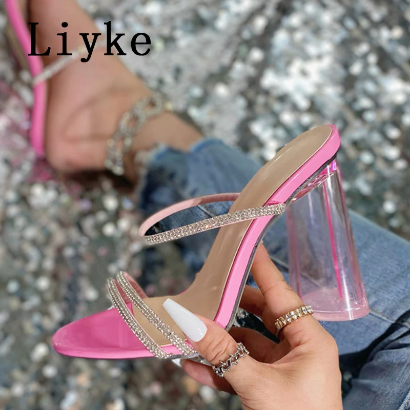 Liyke 2024 New Pink High Heels Women Slippers Fashion Crystal Rhinestone Open Toe Shoes Summer Sandals Female Mules Slides Pumps