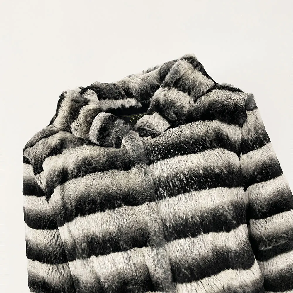 MENINA 2025秋冬ファッション フード付き天然ウサギ毛皮コート レディース トトロ柄ストライプ毛皮コート 厚手暖かいロングコート