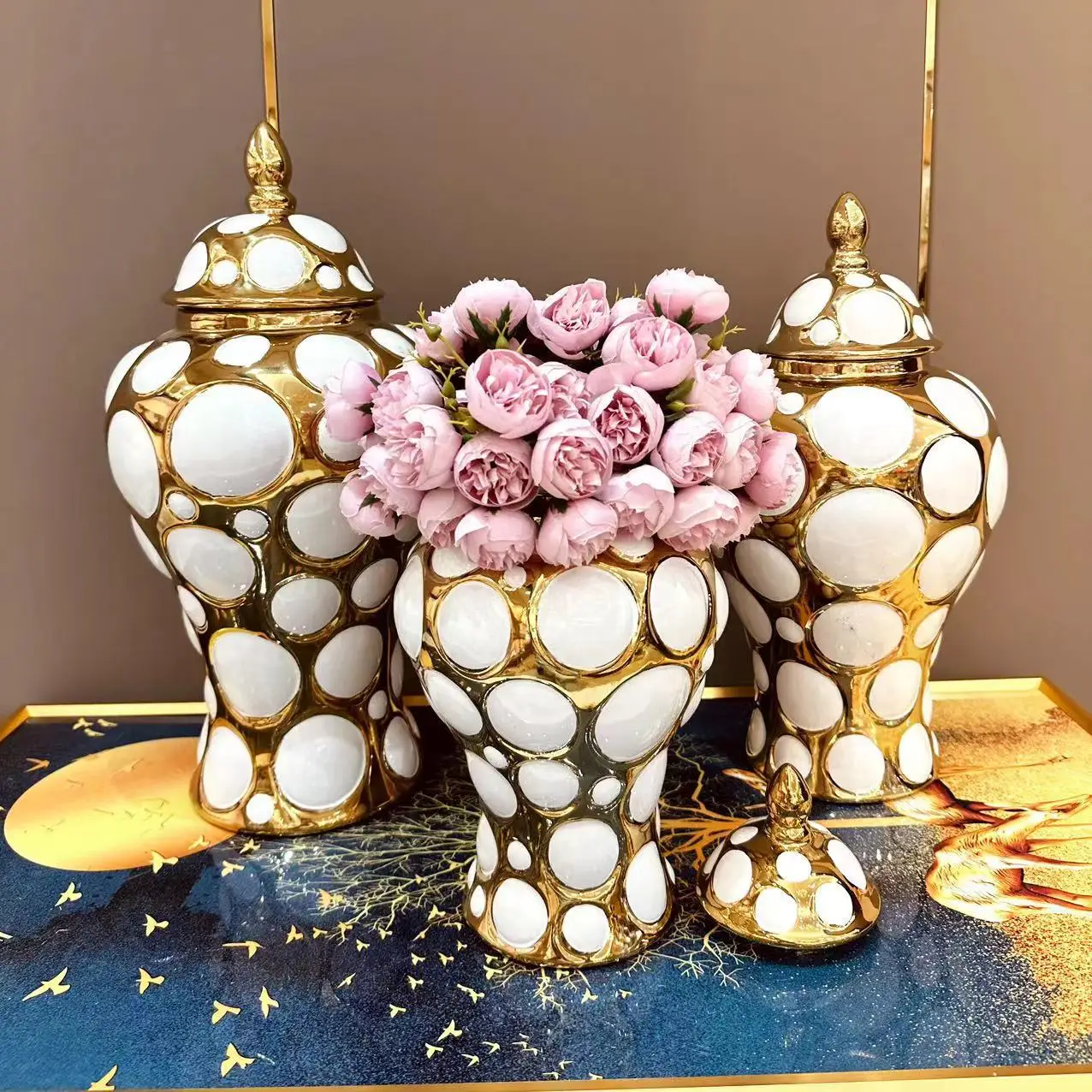 Gold and White Circles Ceramic Checkmate Can Ginger Jar Porcelain Artifact Flower Vase Storage Vases Pots Home Decoration