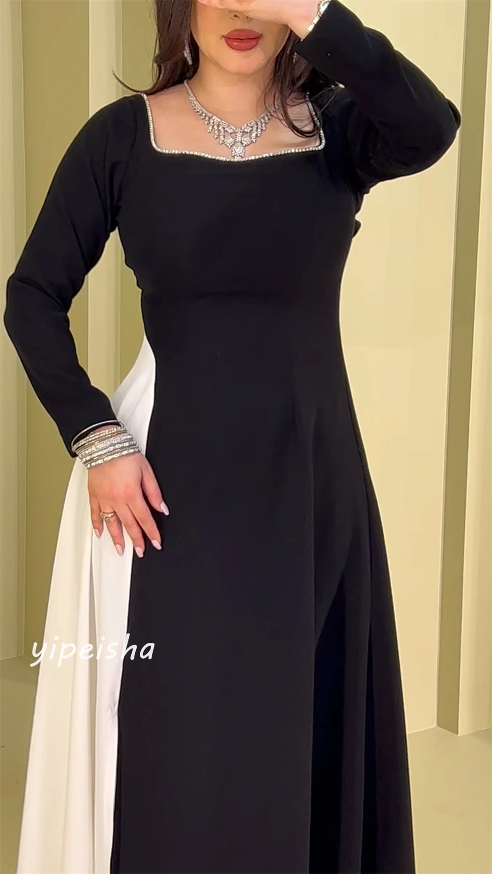 Jersey Draped Pleat Christmas A-line Square Collar Bespoke Occasion Gown Midi Dresses