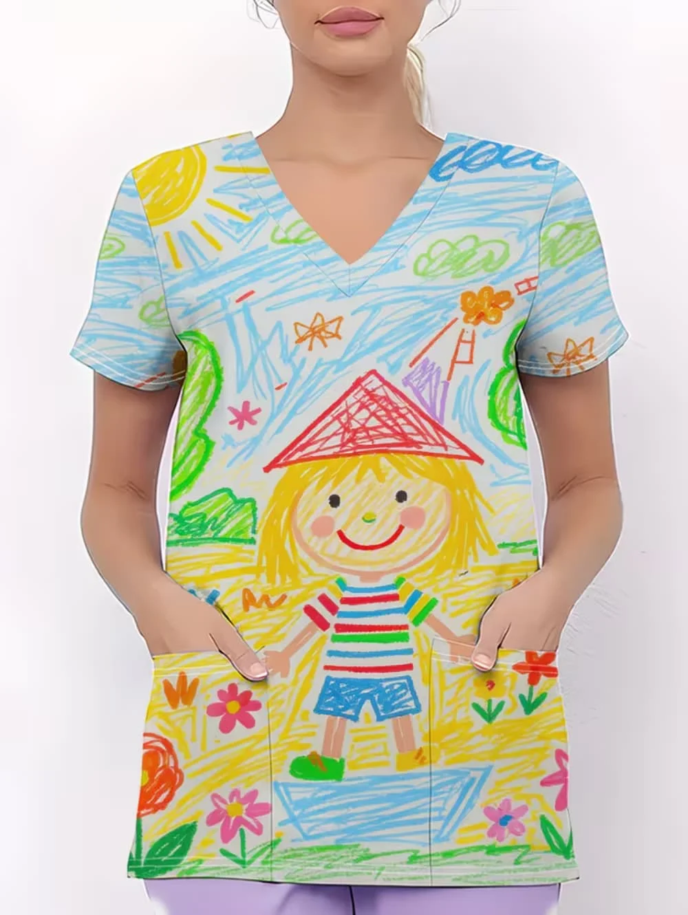 Clinical Uniform Woman Cartoon Art Draw Print V-Neck Short Sleeve Tees with Pockets Dentist Vet Nurse Surgical Uniforms Nursing image 5