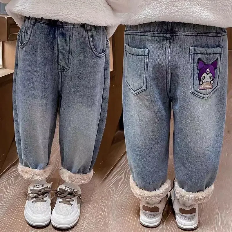 Kuromi Anime Kawaii Sanrio Ins Children Fleece Thick Jeans Pants Cute Cartoon Warm Casual Trousers Clothing Gifts for Kids