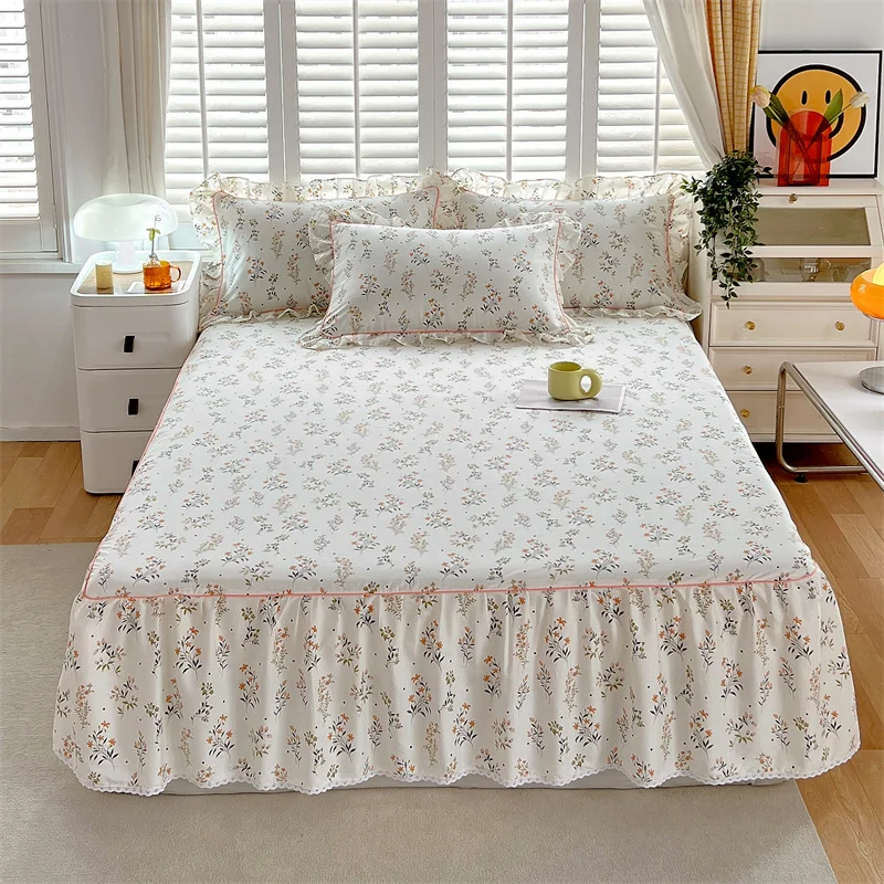 

Floral Style Bed Skirt Set 3Pcs 100% Cotton Bedspread Pillowcases with Ruffles Luxury Skin-friendly Soft Queen Size Bedding Set