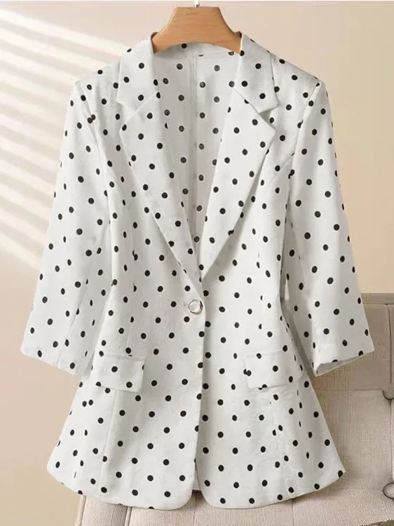 

2025 Spring Autumn Polka Dot Women's Suit Jaet Casual Versatile Seven-Quarter Sve Classic Collar One Button up Top