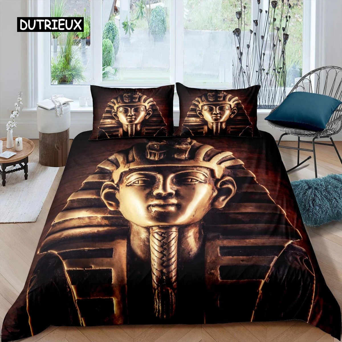 

Pharaoh Duvet Cover Queen Ancient Egypt Tribe Comforter Cover Set for Boys Egyptian Pyramids Exotic Style Polyester Bedding Set