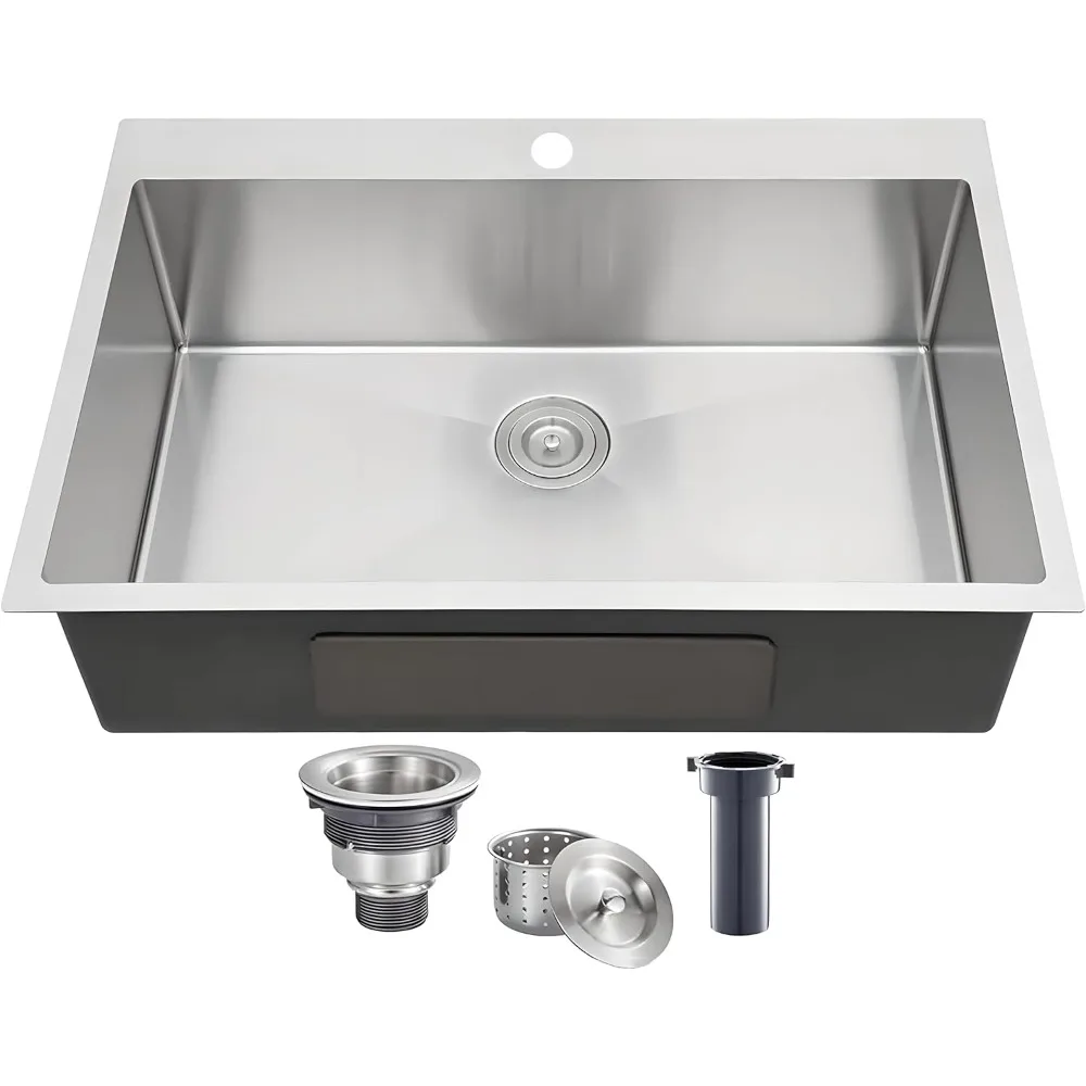 

Top Mount 28x18 Inch Stainless Steel Kitchen Sink with Single Bow, Handcrafted T304 Brushed Nickel