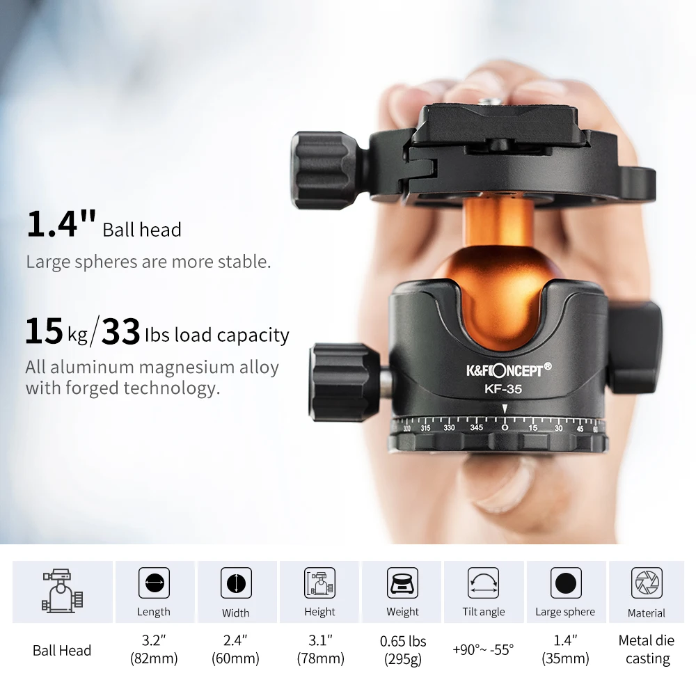 K&F Concept 69.3inch Travel Camera Tripod Aluminium Professional Tripod 15kg/33lbs Load with Panorama Ball Head Quick Release