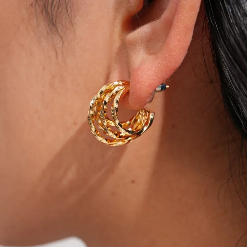 18k Gold Plated Gold Color Multi Layered Hoop Earrings for Women Minimalist Hammered C Shape Ear Loops Trendy Punk Jewelry K