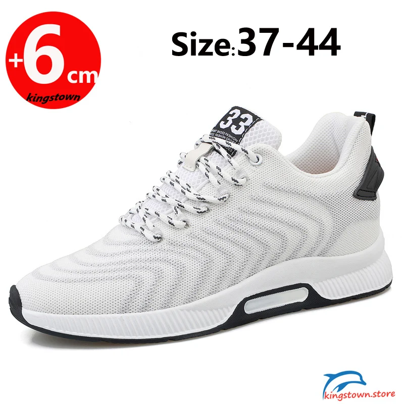 Sepatu kets Sneakers untuk pria, sepatu kets jaring putih sol dalam penambah tinggi badan, sepatu Sneakers 6CM ukuran Plus 37-44