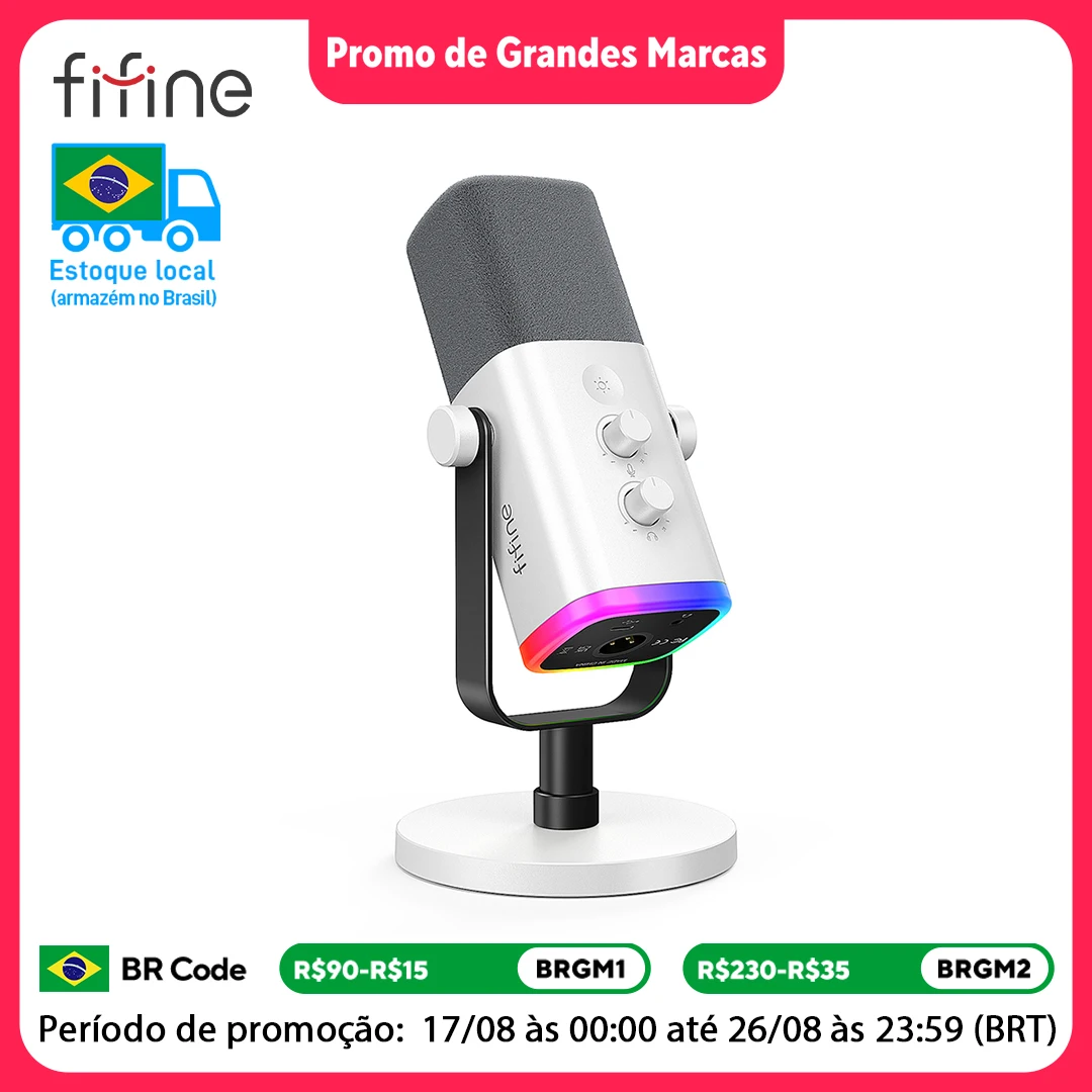 FIFINE XLR/USB Microfone Dinâmico com Conector para Fone de Ouvido/RGB/Mudo, MIC para Gravação de Streaming de Jogos PS4/PS5 Ampligame AM8W