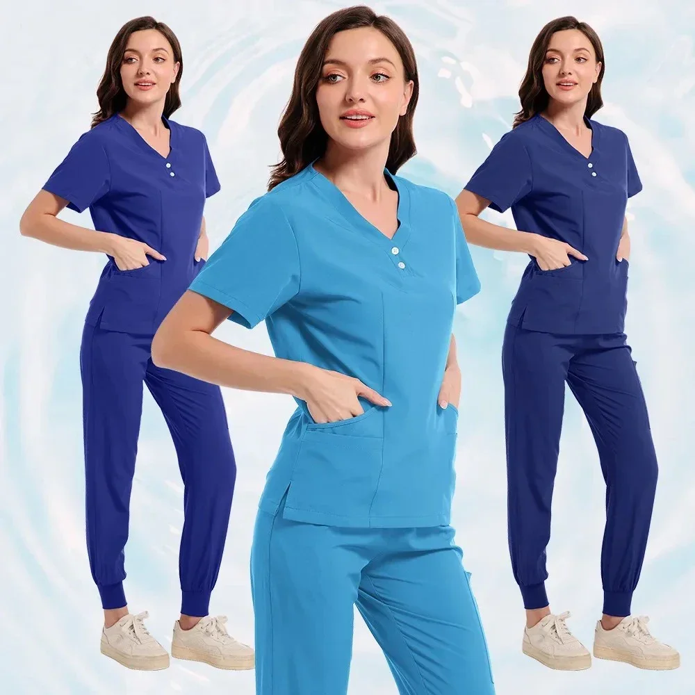 Short Sleeve Surgery Workwear Multicolor Scrubs Uniform Pockets Tops+Straight Pants Nursing Uniform Women Medical Nurse Work Set