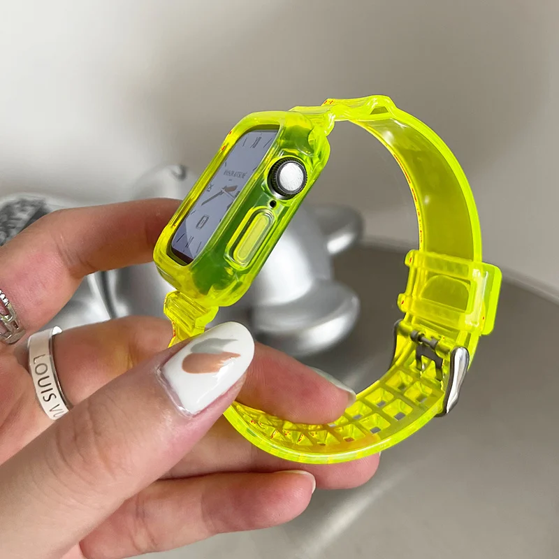 Clear Band+Case For Apple Watch 8 7 6 SE 5 3 2 1 Soft Transparent Silicone Strap For iWatch Strap 40mm 44mm 42mm 41mm 45mm 49mm