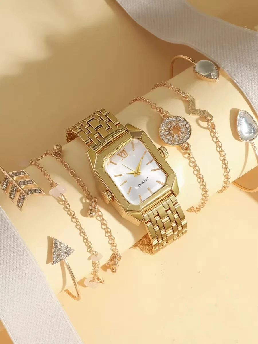 مجموعة أساور كوارتز نسائية عصرية وبسيطة ومتعددة الاستخدامات وسوار فولاذي مربع الشكل مكونة من 7 قطع، مناسبة لعيد الميلاد وعيد الشكر #4