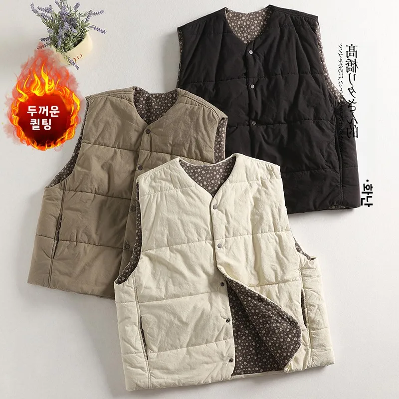 

Thiened Cotton Lined Vest Outerwear round Ne Casual Winter Sle Women's Loose Fit Faion Simple Color Jaet