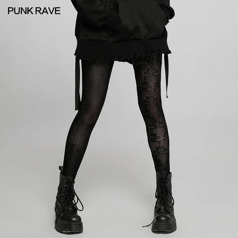 PUNK RAVE Women\'s Punk Leopard and Skull Pattern Leggings Transluscent Effec Cute Sexy Personality Street Wear Black Pants