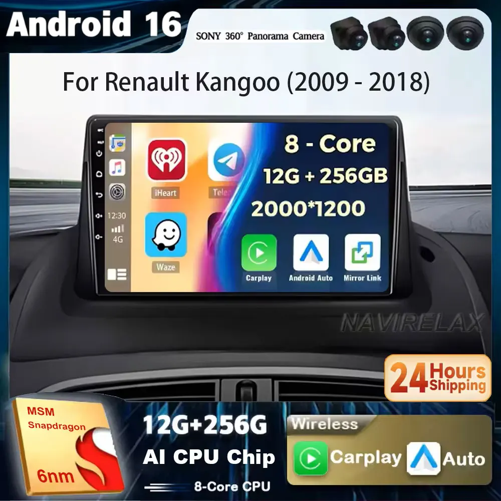 Android 16 Carplay Auto For Renault kangoo 2008 2009 2010 2011 2012 2013 2014 2015 - 2018 Car Radio Multimedia Video Player GPS