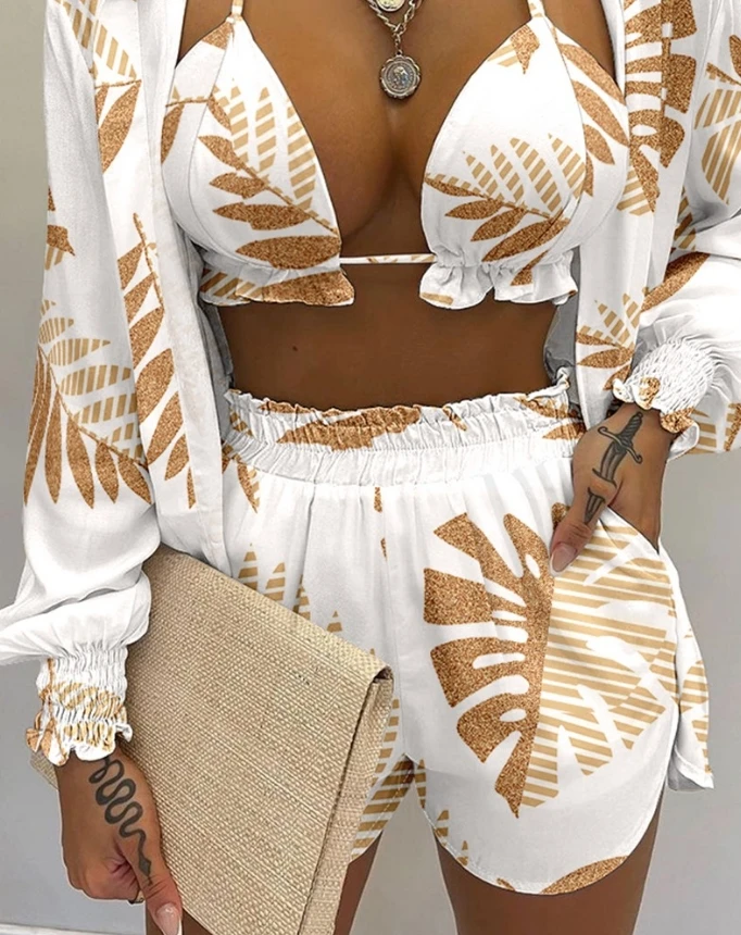 Women\'s Beach Suits 2024 Summer Latest 3Pcs Tropical Leaves Print Crop Top&pocket Design Shorts Set with Lantern Sleeve Shirt