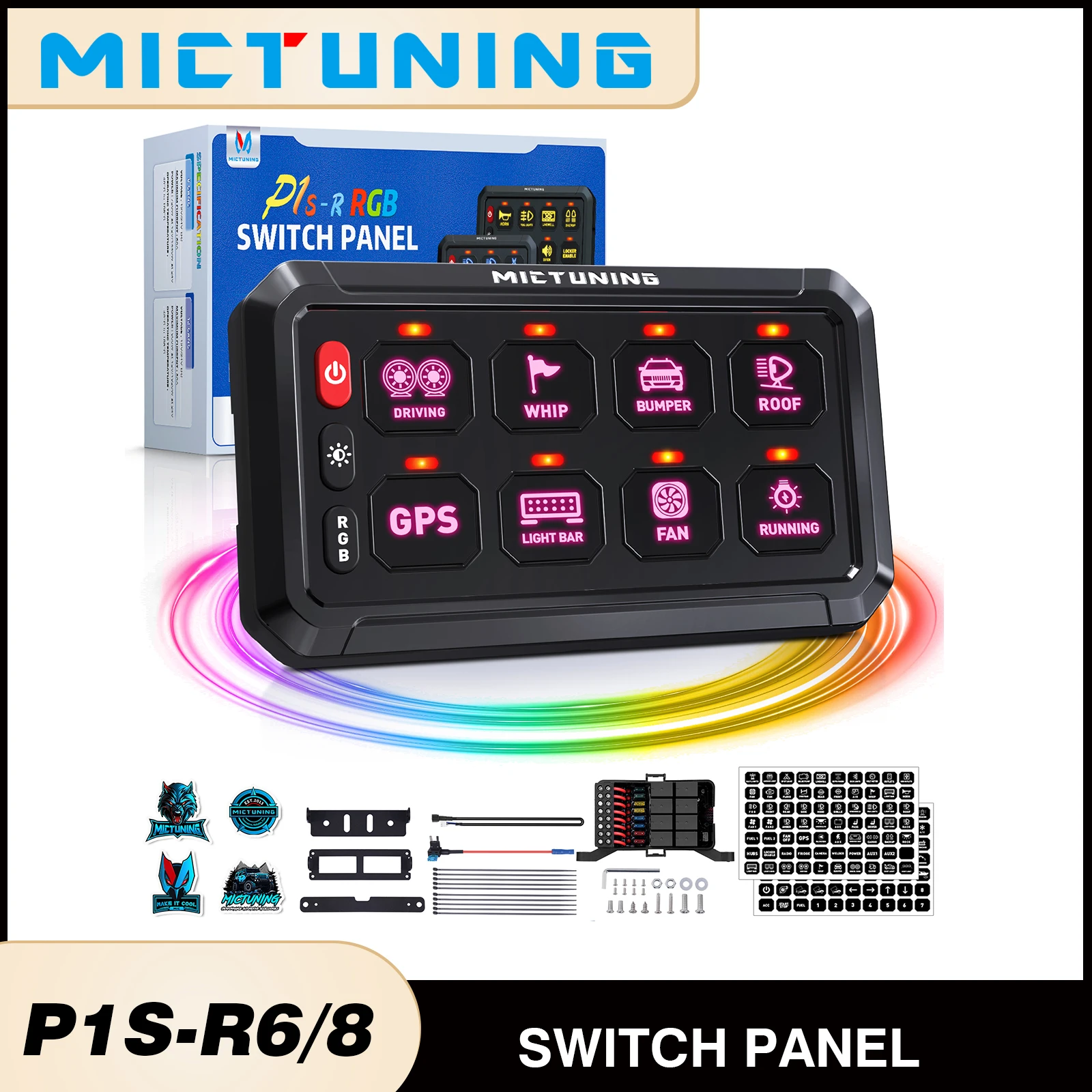 

MICTUNING P1s-R 6/8 Gang Switch Panel,RGB Colors Adjustable Brightness,Switch Momentary Circuit Control Relay System Box