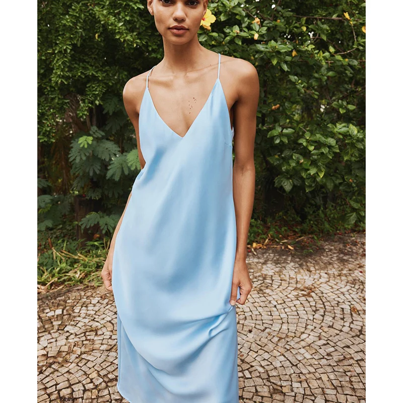 Letnia Nowa Damska Sukienka Midi z Dekoltem w Serek, z Efektem Jedwabiu i Satyny, z Wąską Talia, Długa Spódnica, Suknia