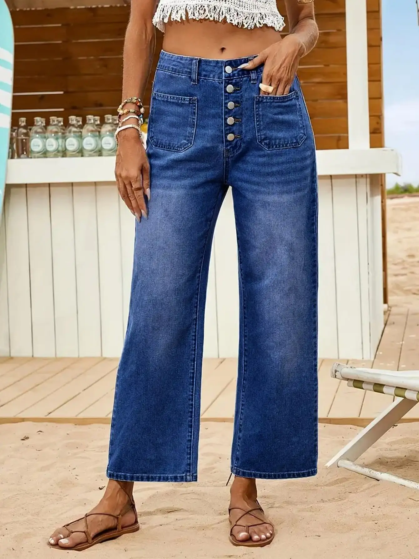 

Women's 9-Point Straight Leg Denim Jeans with Multi-Buttons - Stylish and Comfortable Casual Wear