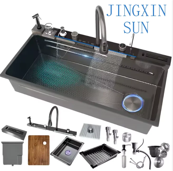 Modern Kitchen Workstation Sink for Stainless Steel Square Basin with Rain Waterfall Tap Integrated Design Dishwasher
