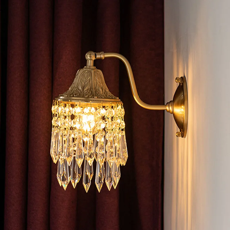 Luxury American Retro Copper Crystal Wall Lamp Creative French Living Room Tv Background Bedroom Bedside Led Lighting