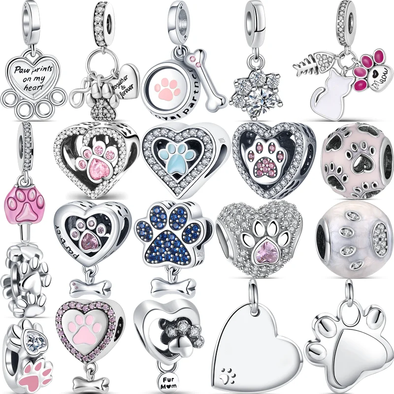 

925 Sterling Silver Pink Paw Print Ice Cream Pendant Love Heart Sparkling Beads Fit Original Pandora Charms Bracelet DIY Jewelry