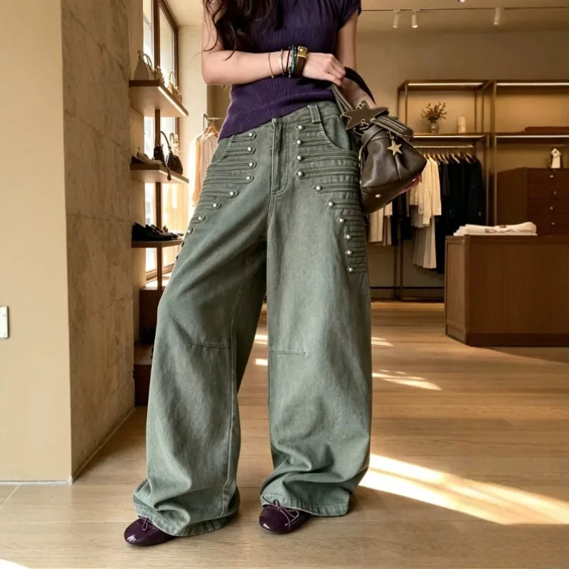 Street Style Wide-leg Women's Jeans Personality Spice Girl Multi-row Metal Buckle Summer Thin Niche Design Versatile Floor Pants