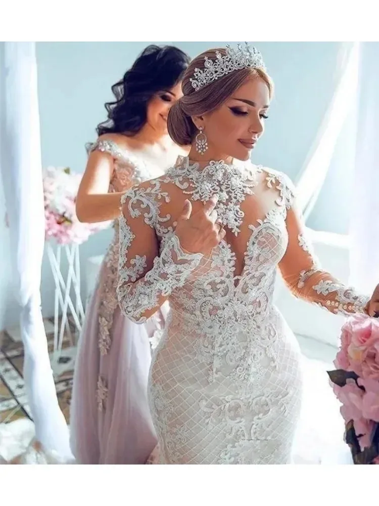 Luxury Mermaid Wedding Dresses Women Dubai High Neck Illusion Long Sleeves Appliques Beaded Bridal Gowns Robe De Mariee Custom