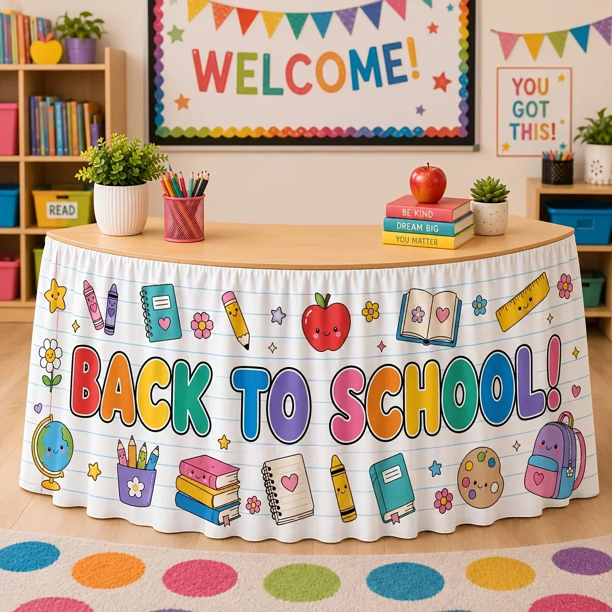 Party table skirt, 1-piece set. School season colorful cartoon stationery design table skirt, featuring books and pencils.xzj