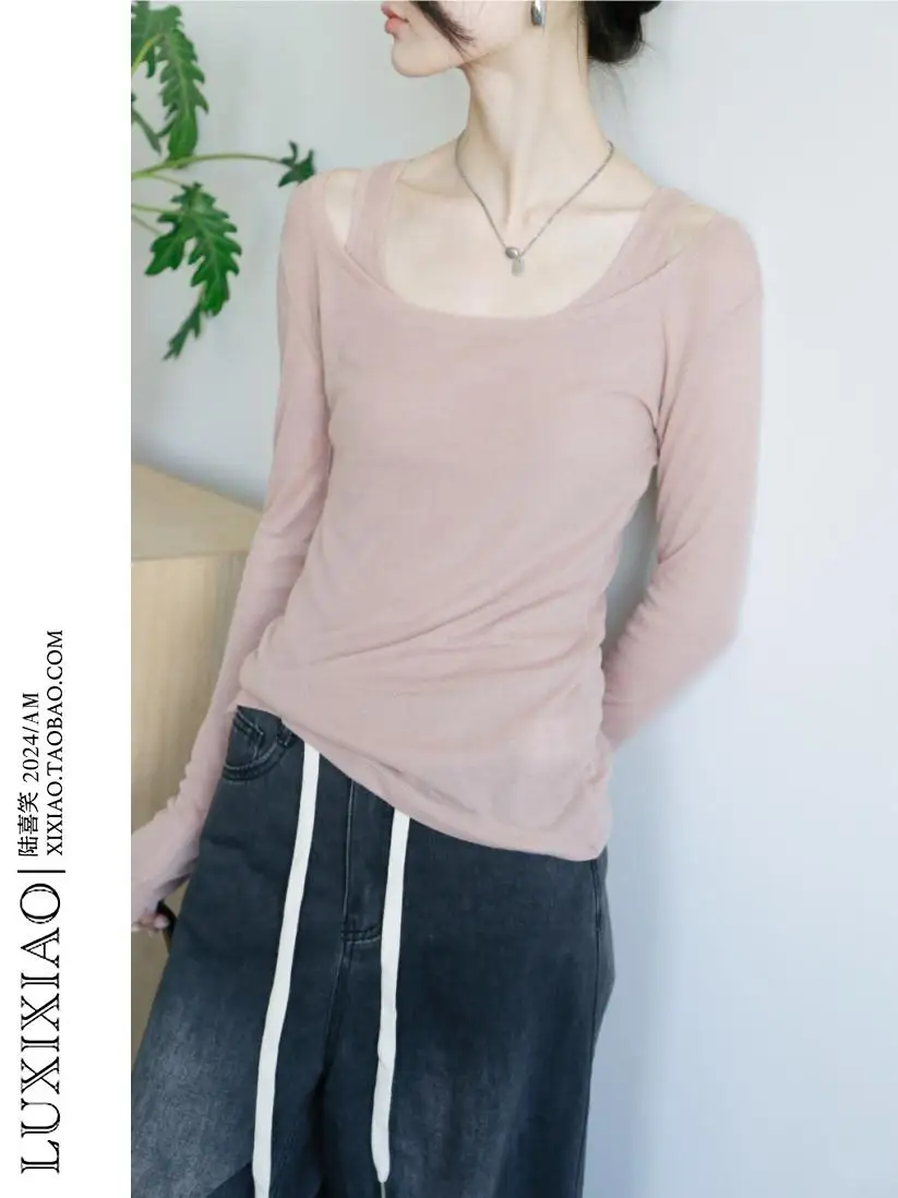 

LUXIXIAO Женская длинная све круглая футболка Ne Color Base irt из двух предметов Design Sensation Body Tee Bla Top Корейский Sle