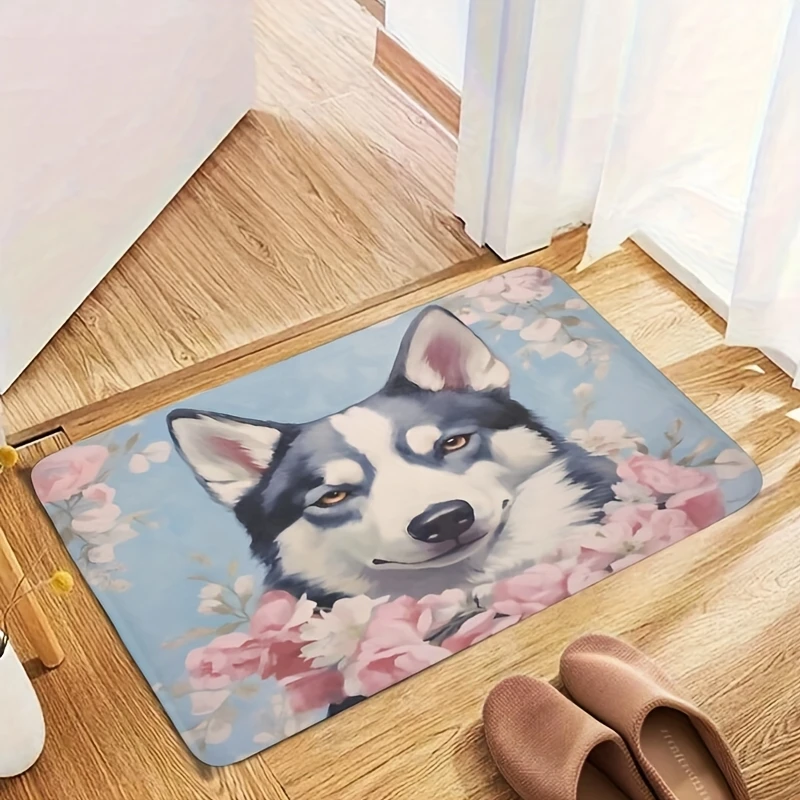 1pc Husky dog non-slip doormat 16x 24 inches, super soft flannel entrance mat, with backing, cute Siberian Husky & pink rose