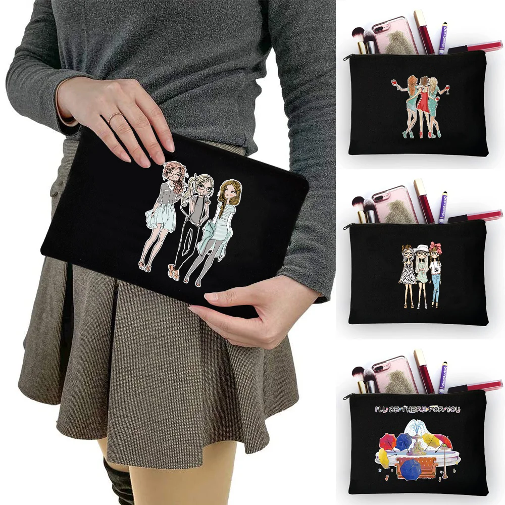 Simple Black Canvas Storage Pouch Friends Print Functional Cosmetic Bag for Daily Commute School Work and Weekend Short Trips