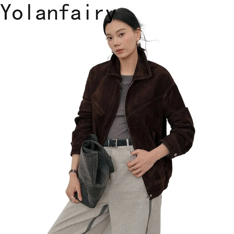 YOLANFAIRY High-end Suede Sheepskin 100% Genuine Leather Jacket Women Fashion Mid-length Real Leather Coat High-street  jaqueta