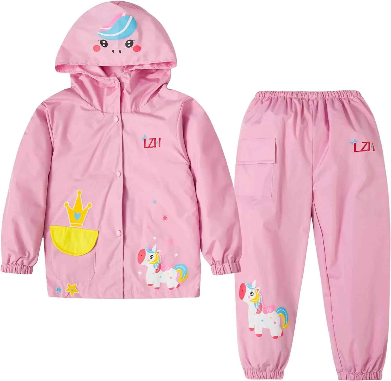 Cartoon Unicorn And Dinosaur Pattern Boys Girls Rainwear Hooded Jacket+Pants Waterproof 2Pcs Sets For Children Outdoor Clothing