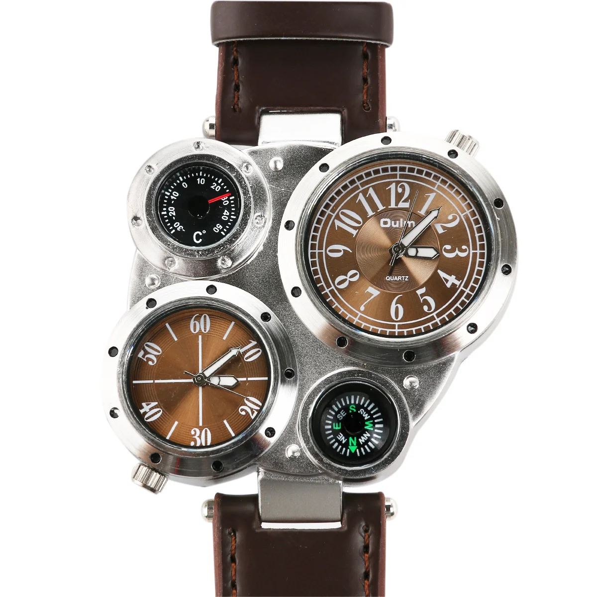 

9145 Dual Men's Quartz Wristwatch Brown Alloy Stainless Steel Outdoor Sport Watch with Decorative Compass Thermometer