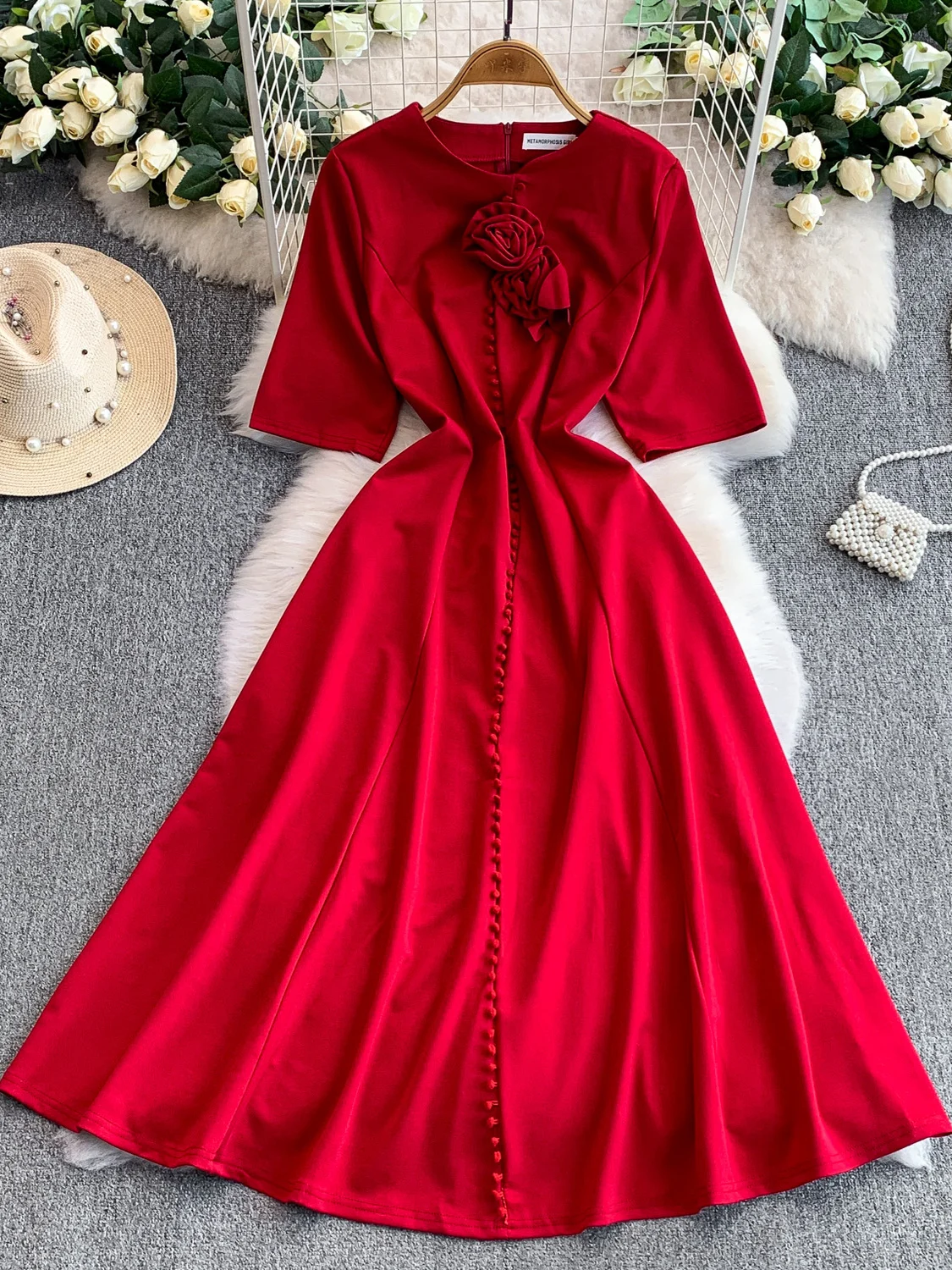 Ele round Ne Dr Women's Autumn Winter Single Button Slimming Full Skirt Long Dr French Sle High Waist A-Line Sk...