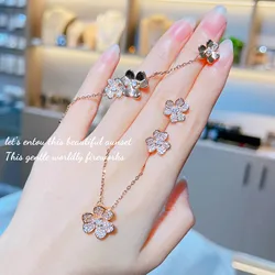 Foydjew Classic Lucky Clover Jewelry Sets For Women Pendant Necklaces Micro-inlaid Full Zircon Flower Stud Earrings Bracelets