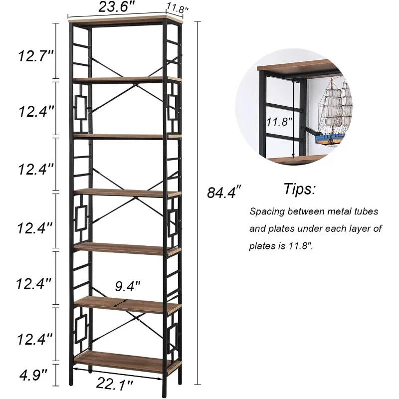 HOMISSUE Tall Bookshelf, 84 Inch Industrial Bookshelf with Metal Frame and Open Shelves, 7 Tier Metal Bookcases, Brown