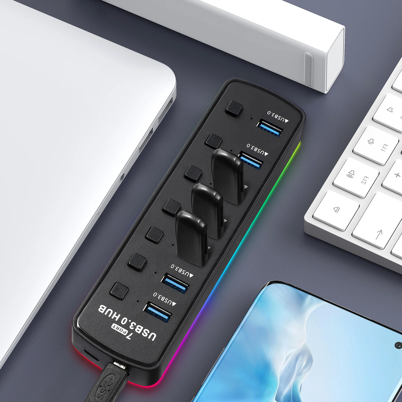 

7-портовый USB-концентратор, высокоскоростной адаптер-удлинитель для ноутбука USB 3 0, несколько портов для компьютера, независимый светодиодный источник питания