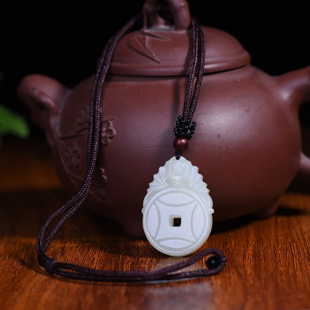Genuine China Nephrite Stone White Hetian Jade Bat Gold Coin Pendant Lucky Amulet Necklace Men Women Certified Jewelry Gifts