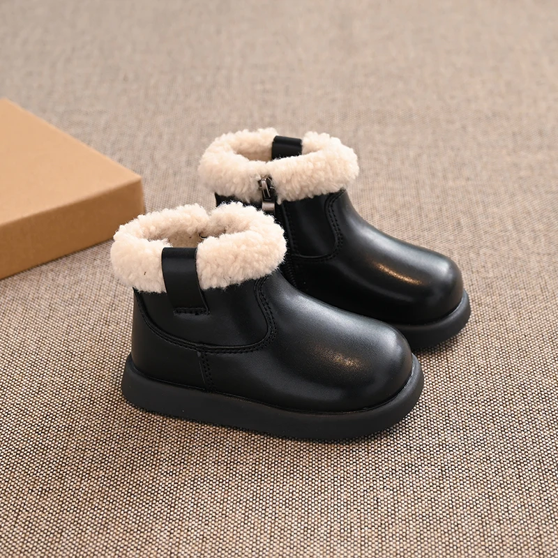 2025 أحذية الفتيات الشتاء الدافئة الفراء أحذية الاطفال الكاحل الأحذية الجلدية لفتاة 1-6 سنوات الأطفال المضادة للانزلاق الثلوج الأحذية البني والأسود #5
