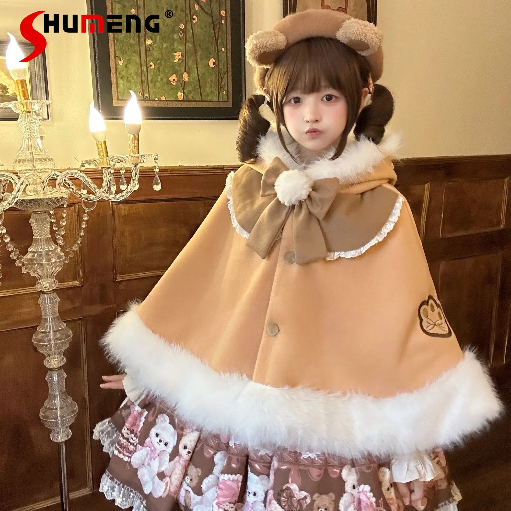 

Autumn Winter New Girls Lolita Sweet Hooded Cloak Japanese Girl's Plush Warm Cute Short Jacket Women's Y2K Capes Ponchos 2025