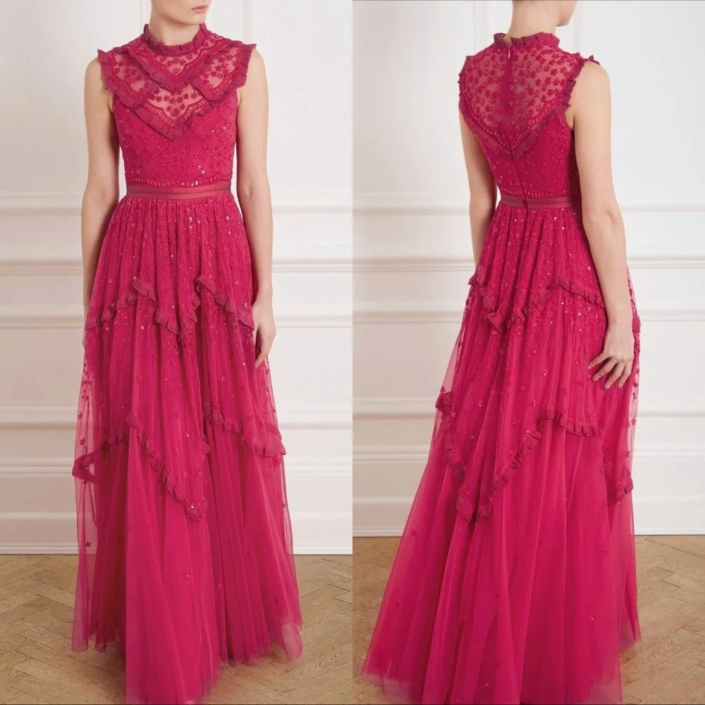 

Customized Net Pleat Ruched Applique High Collar A-line Long Dresses Bespoke Occasion Women's Evening Dress Elegant Party