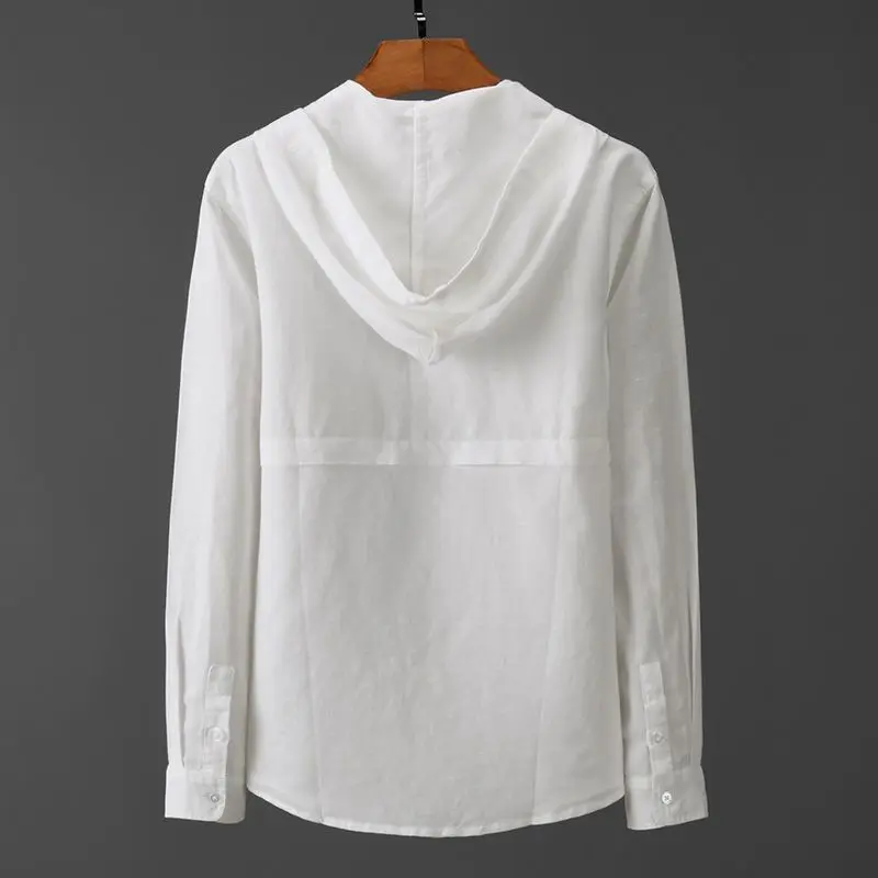 Spring and Summer Hooded Tether Thin Loose Long Sleeve Solid Color Men Shirt Breathable Top
