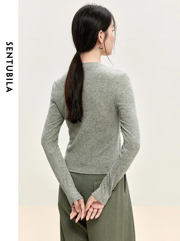 SENTUBILA Women Comt Knitted T-shirt   2024 Spring Autumn Casual Slim Fit O Neck Long Sleeve Basic  Clothing 143T56726