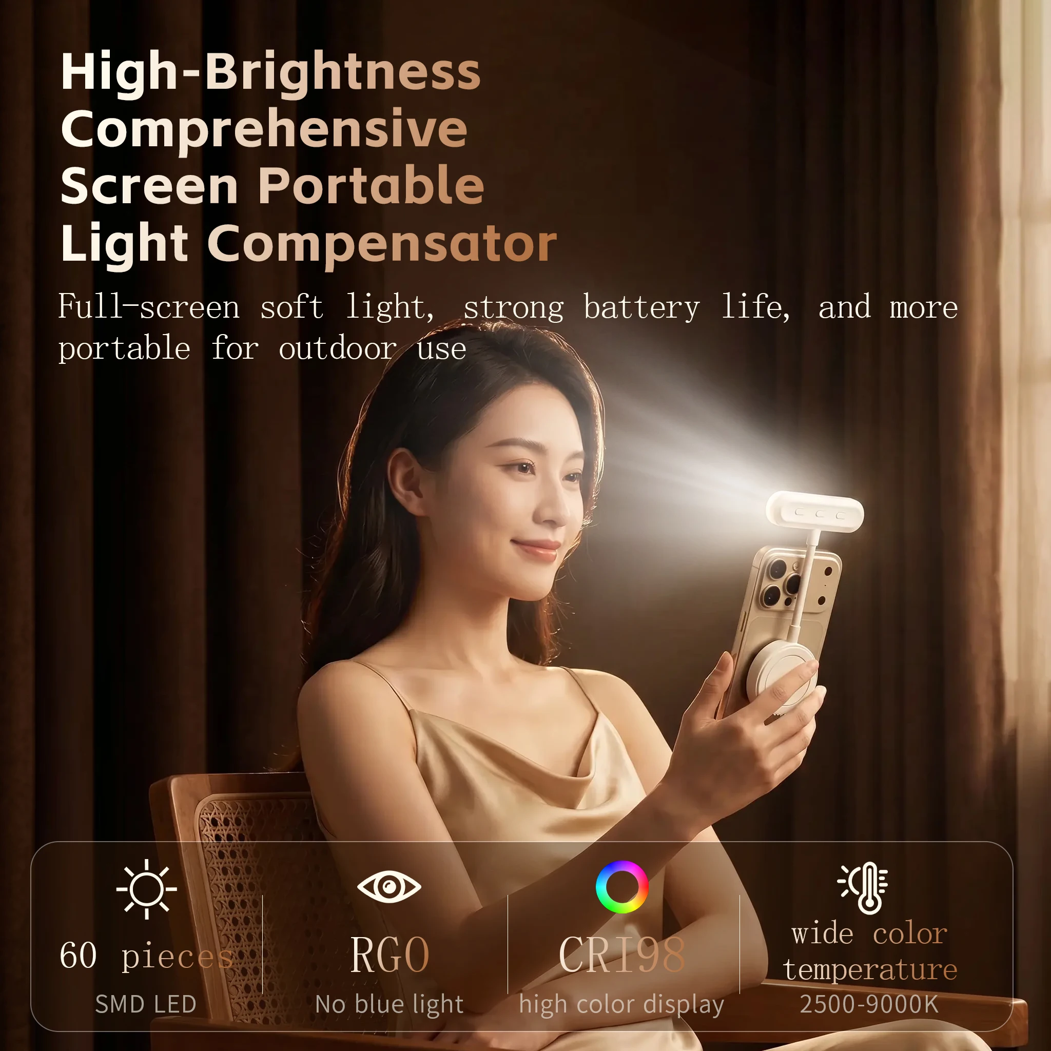 Rechargeable Magnetic Phone Fill Light Flexible Gooseneck 3-Color Adjustable Brightness Selfie Lamp with Phone Stand for Reading