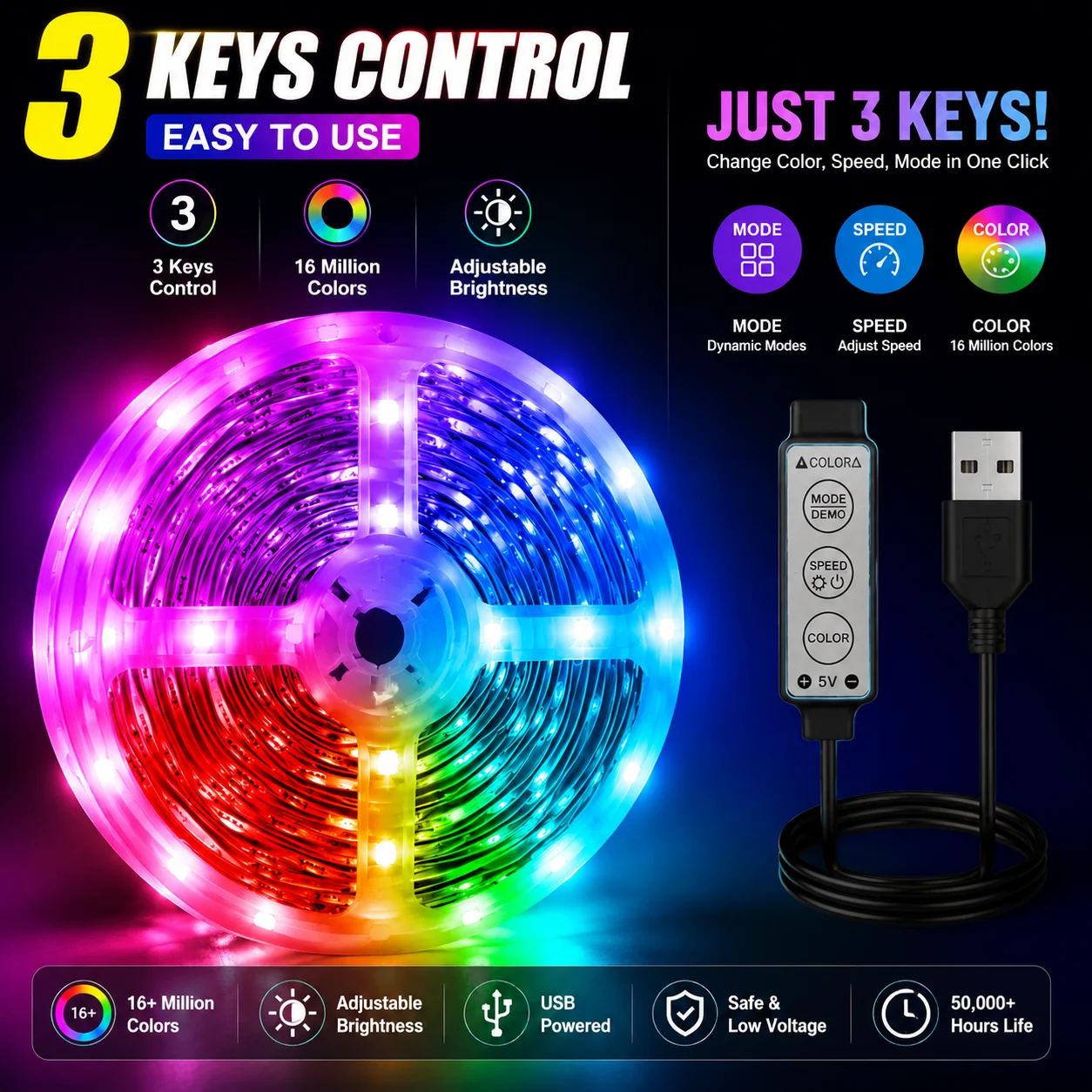 RGB LED Light Strip 5050 USB LED Tape 3 Key Control Colorful Lighting Lamp For Room Wall TV Backlight Festival Home Decoration