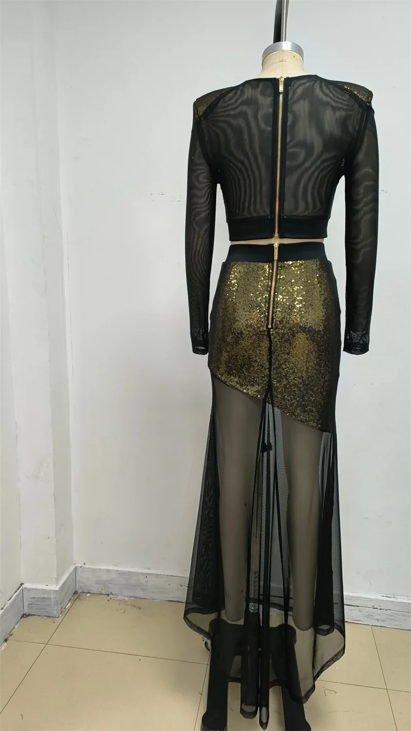 Vestido de Fiesta con Lentejuelas Doradas, Sexy, 2 Piezas, Top con Sujetador + Tul Negro, Mangas Largas, Vestido de Noche Formal para Invitadas de Boda, Cumpleaños